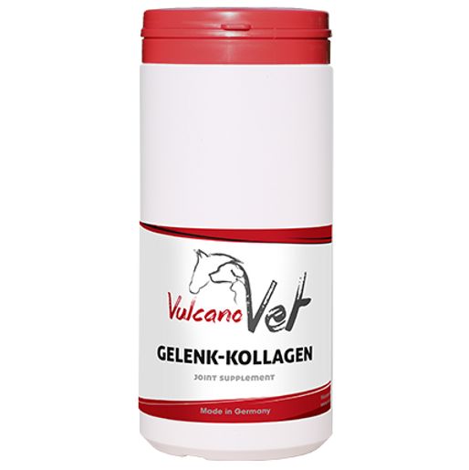 Weißes, zylindrisches Produktgebinde mit rotem Deckel. Aufschrift: VulcanoVet Gelenk-Kollagen. Hergestellt in Deutschland.