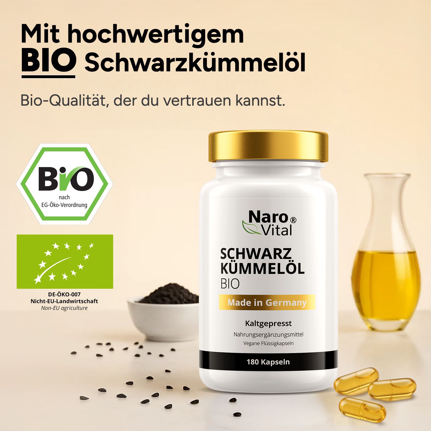 Flasche NAROVITAL® Bio Schwarzkümmelöl, BIO, 180 Kapseln. Bio-Siegel, Schwarzkümmel, Öl in Glas. Text: Bio-Qualität, der du vertrauen kannst.