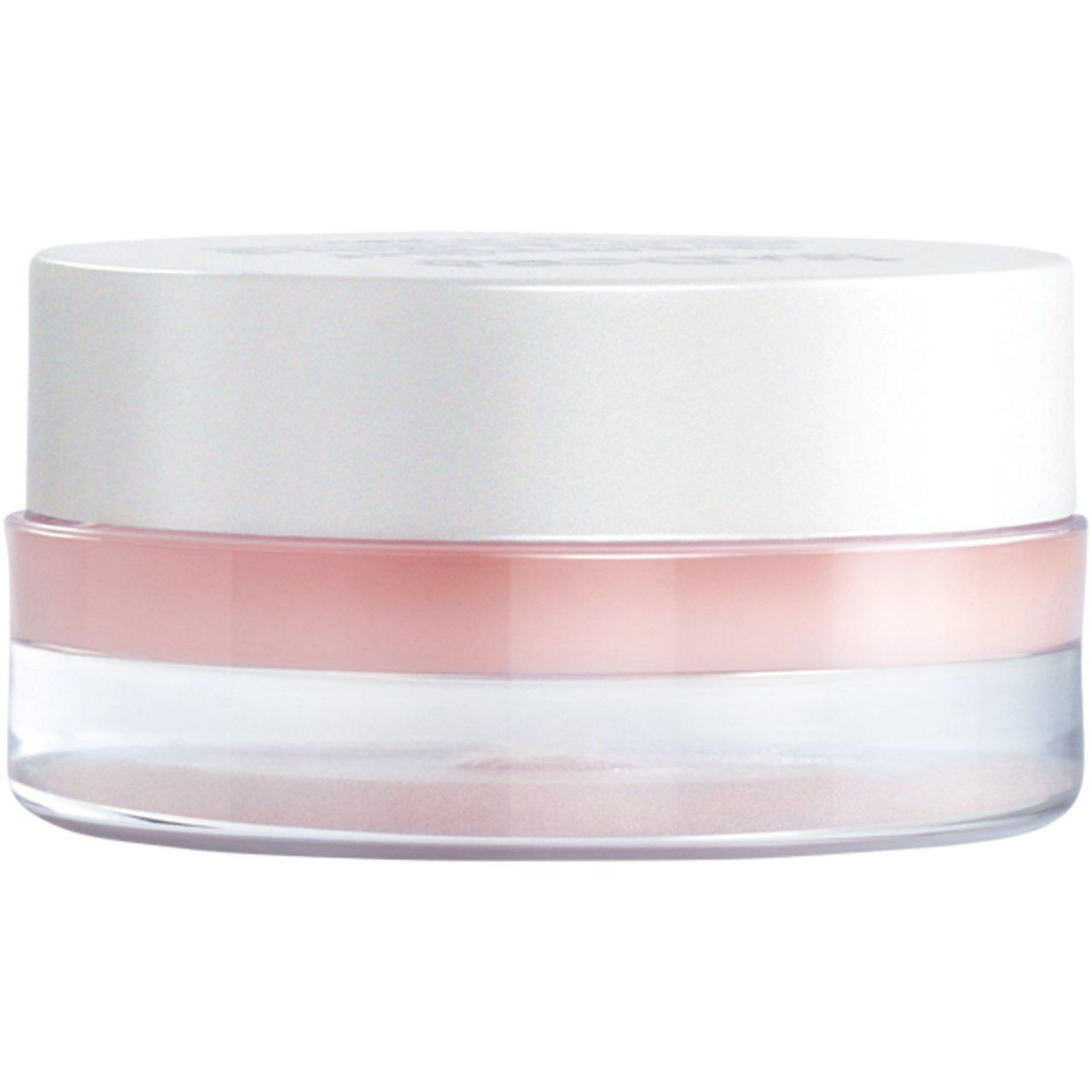 Runder, transparenter Tiegel mit weißem Deckel. Rosa Inhalt sichtbar. Produkt für die Lippenpflege.