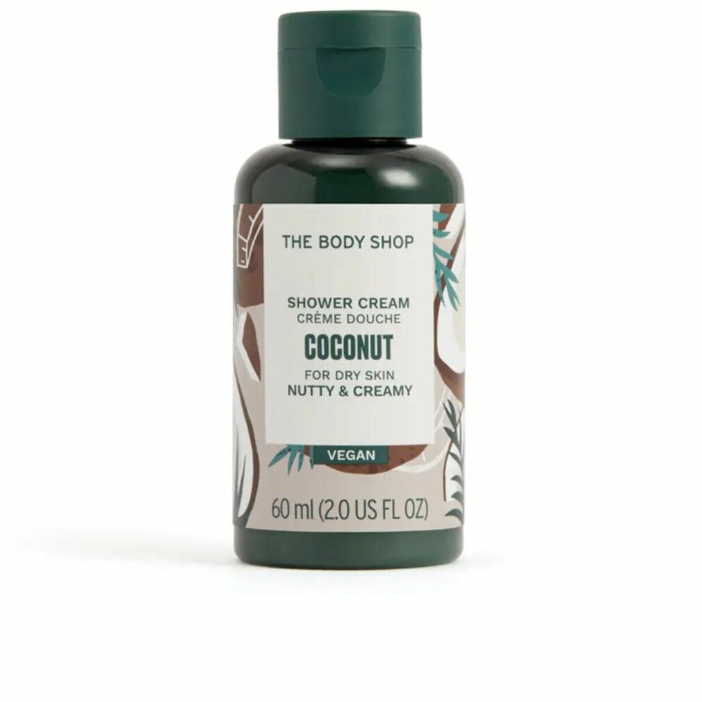 Kleine Flasche mit grünem Deckel. Aufschrift: THE BODY SHOP, COCONUT, für trockene Haut, vegan. 60 ml.
