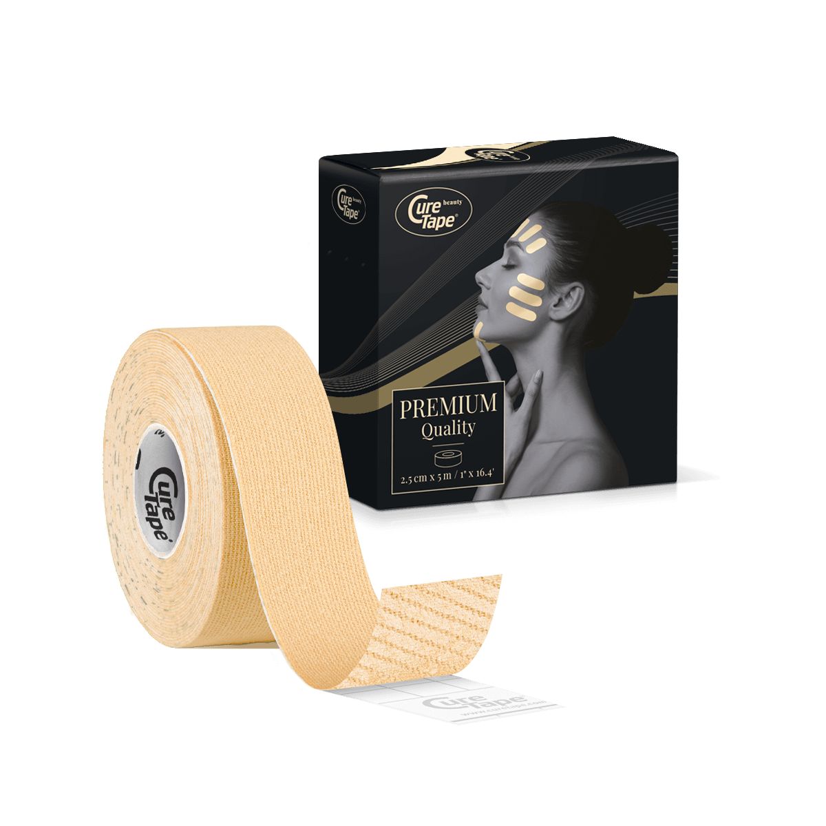 Beige Rolle Gesichtstape, teilweise abgerollt. Schwarze Verpackung mit Produktabbildung und Schriftzug CureTape.