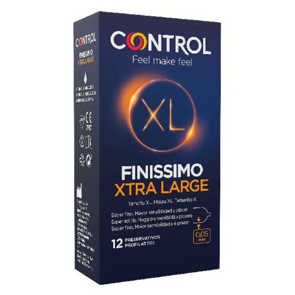 Kondom-Verpackung CONTROL FINISSIMO XTRA LARGE. Enthält 12 Stück. Mit XL-Kennzeichnung und CE-Kennzeichen.