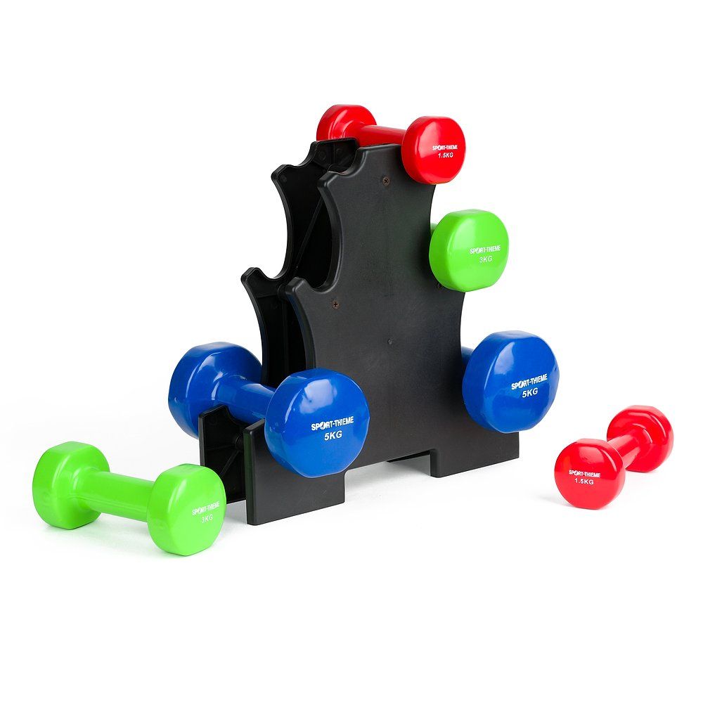 Hantel-Set mit Halterung. Rote, grüne und blaue Vinyl-Hanteln. Auf jeder Hantel steht die Gewichtsangabe. Schwarze Halterung.