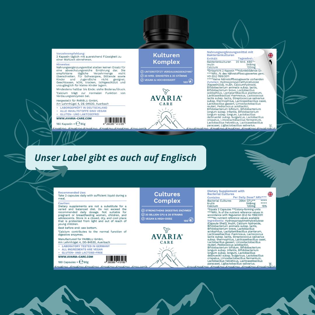 Produktflasche mit Etikett. Text: Kulturen Komplex, AVARIA CARE. Zusätzliches Etikett auf Englisch: Cultures Complex, AVARIA CARE.