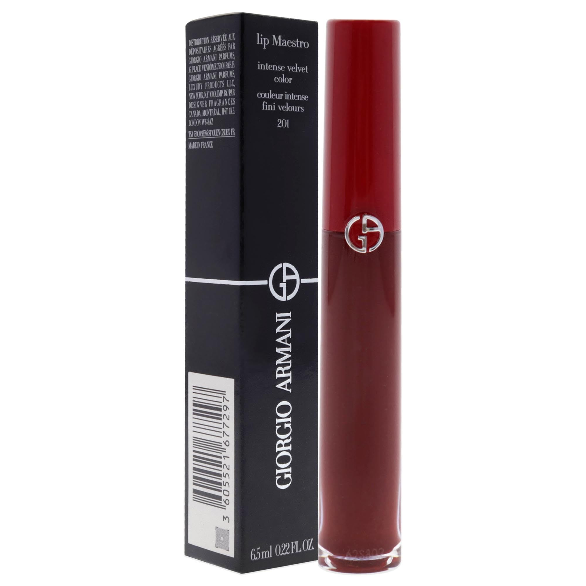 Giorgio Armani Lip Maestro Lippenstift und Verpackung. Schwarze Verpackung mit Produktbezeichnung und Markenlogo.
