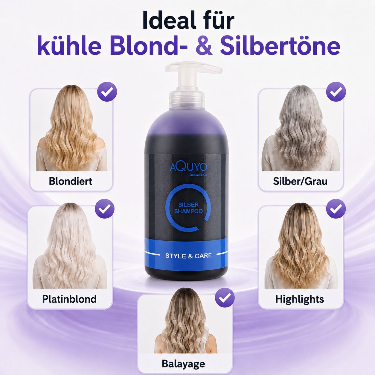 Shampoo-Flasche. Ideal für kühle Blond- & Silbertöne. Fotos von blondem, silber-grauem, platinblondem, Highlight- und Balayage-Haar.