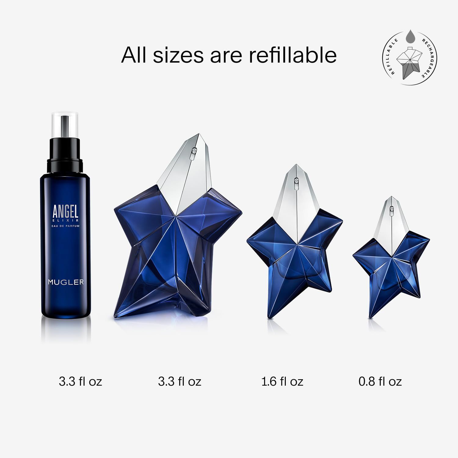 Verschiedene Größen von Sternflakons: 3.3 fl oz, 1.6 fl oz, 0.8 fl oz. Schwarze Sprühflasche. Text: "All sizes are refillable".