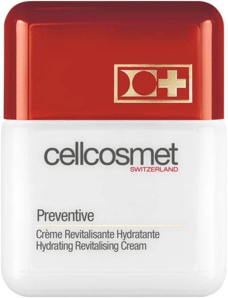 Weißer Tiegel mit rotem Deckel. Aufschrift: cellcosmet, Preventive, Crème Revitalisante Hydratante. Goldfarbenes Logo.