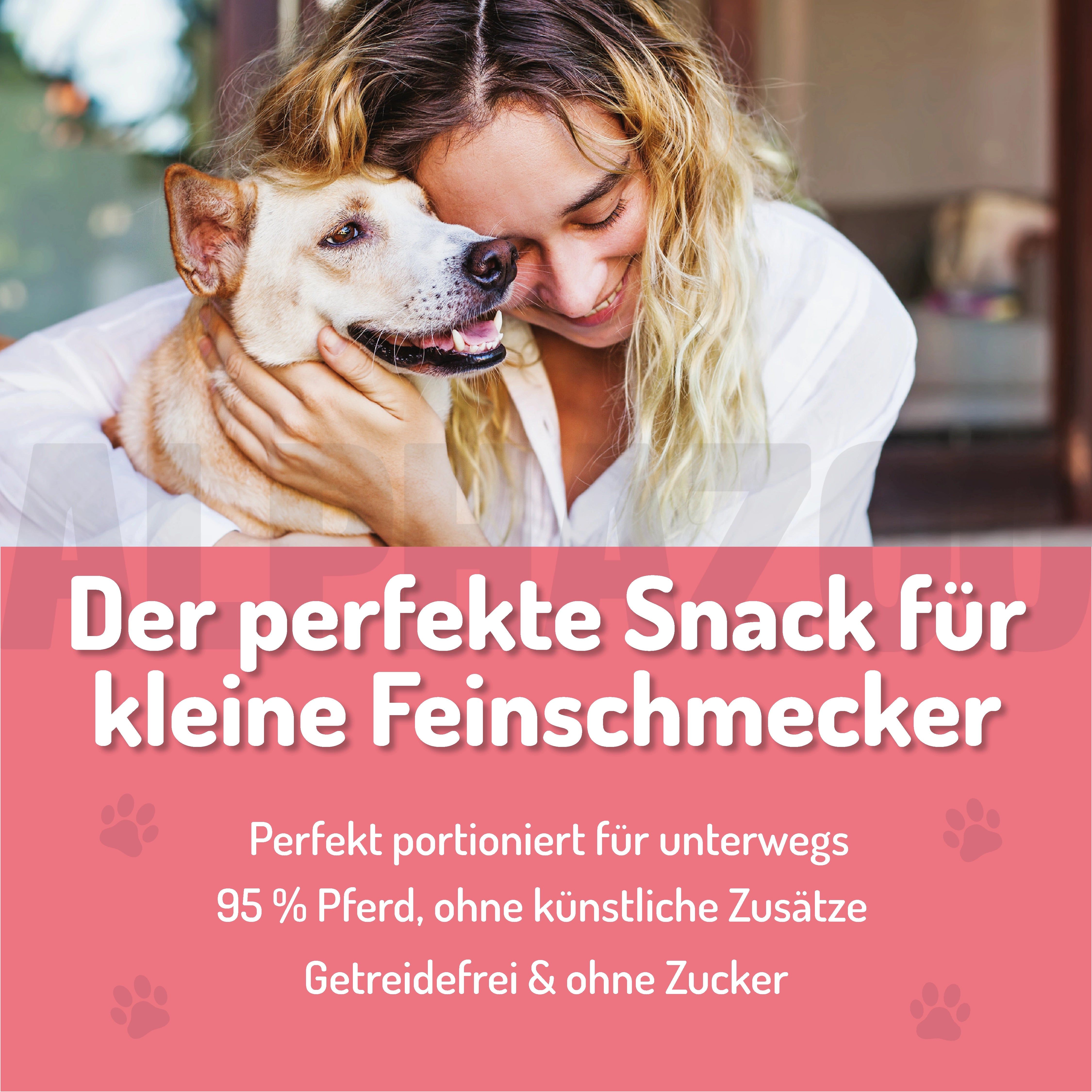 Frau umarmt Hund. Text: Der perfekte Snack für kleine Feinschmecker. 95% Pferd, ohne künstliche Zusätze, getreidefrei & zuckerfrei.