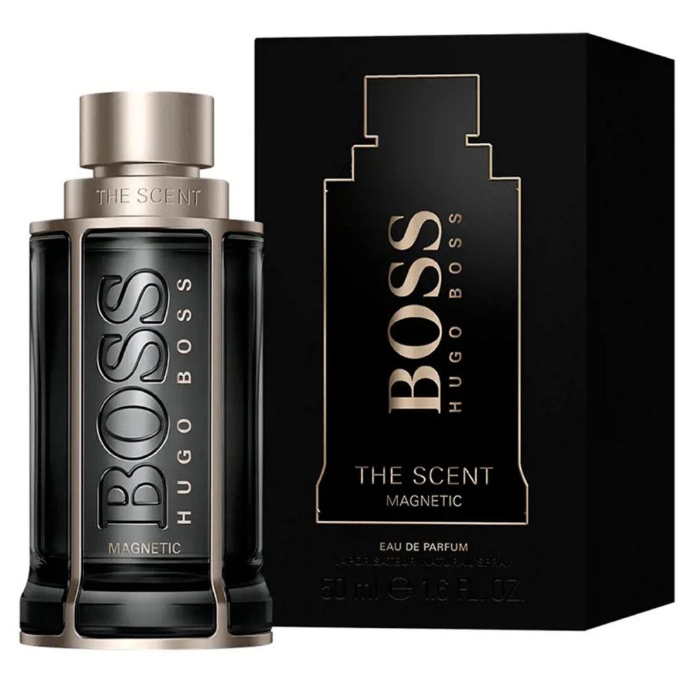 Schwarzer Flakon neben schwarzer Verpackung. "BOSS" und "MAGNETIC" sind auf beiden sichtbar. "HUGO BOSS" und "THE SCENT" sind ebenfalls zu sehen.