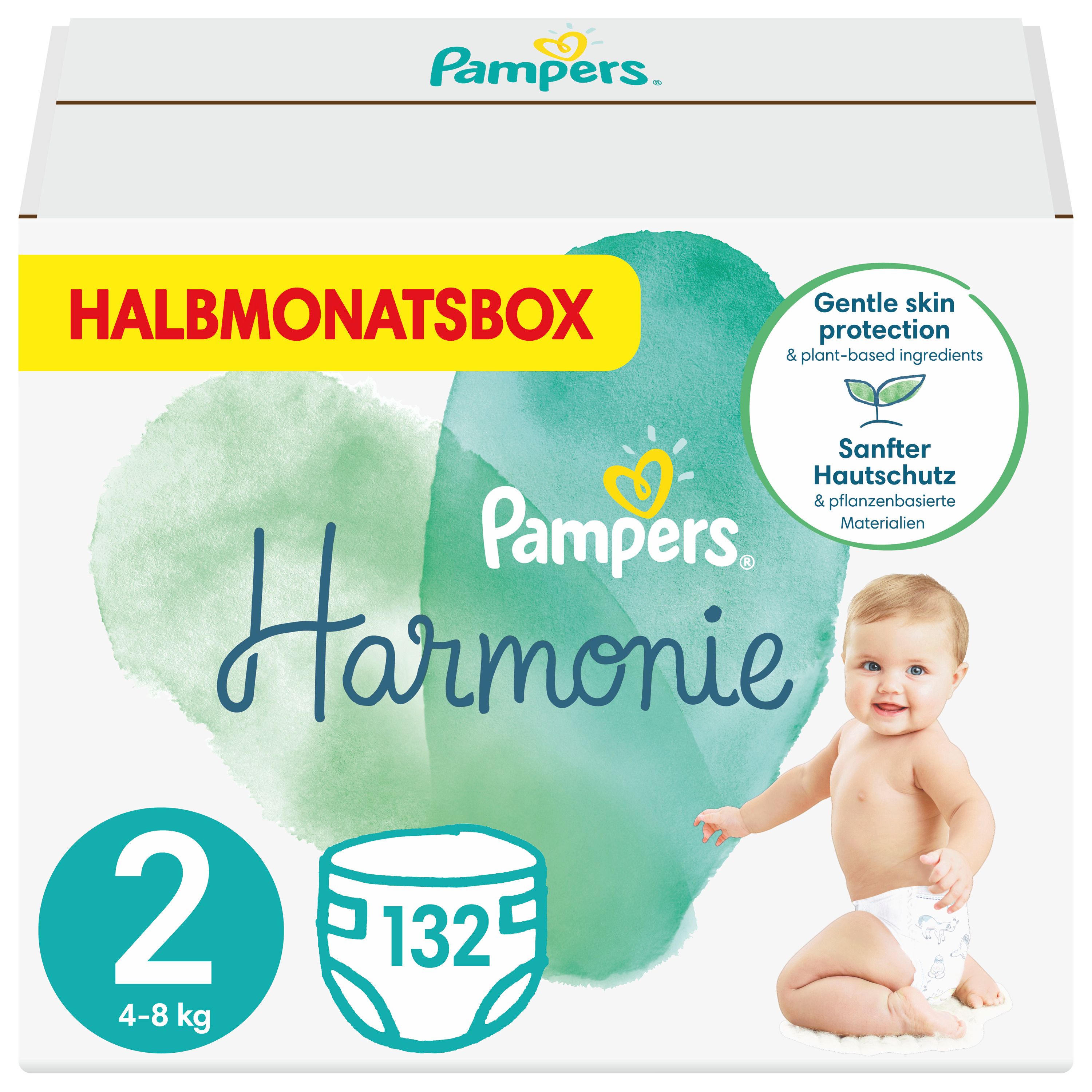 Pampers Harmonie Monatsbox Gr. 2 Mini. Verpackung mit Baby, Windel-Symbol, Schriftzug, und Angaben zu Gewicht und Stückzahl.