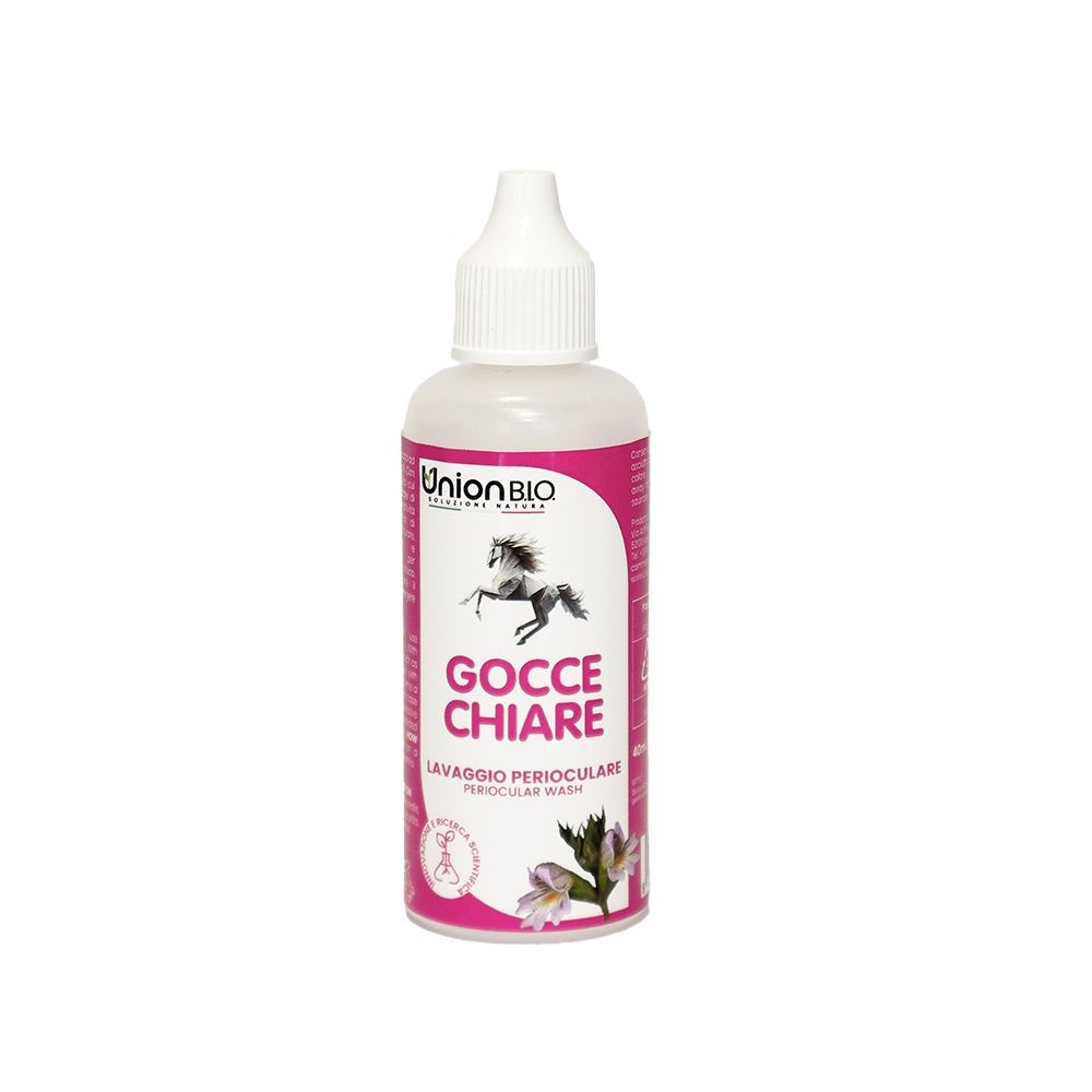 Weiß-rosa Flasche mit Tropfverschluss. Aufschrift: Union BIO, Gocce Chiare, Lavaggio Perioculare. Abbildung eines Pferdes.