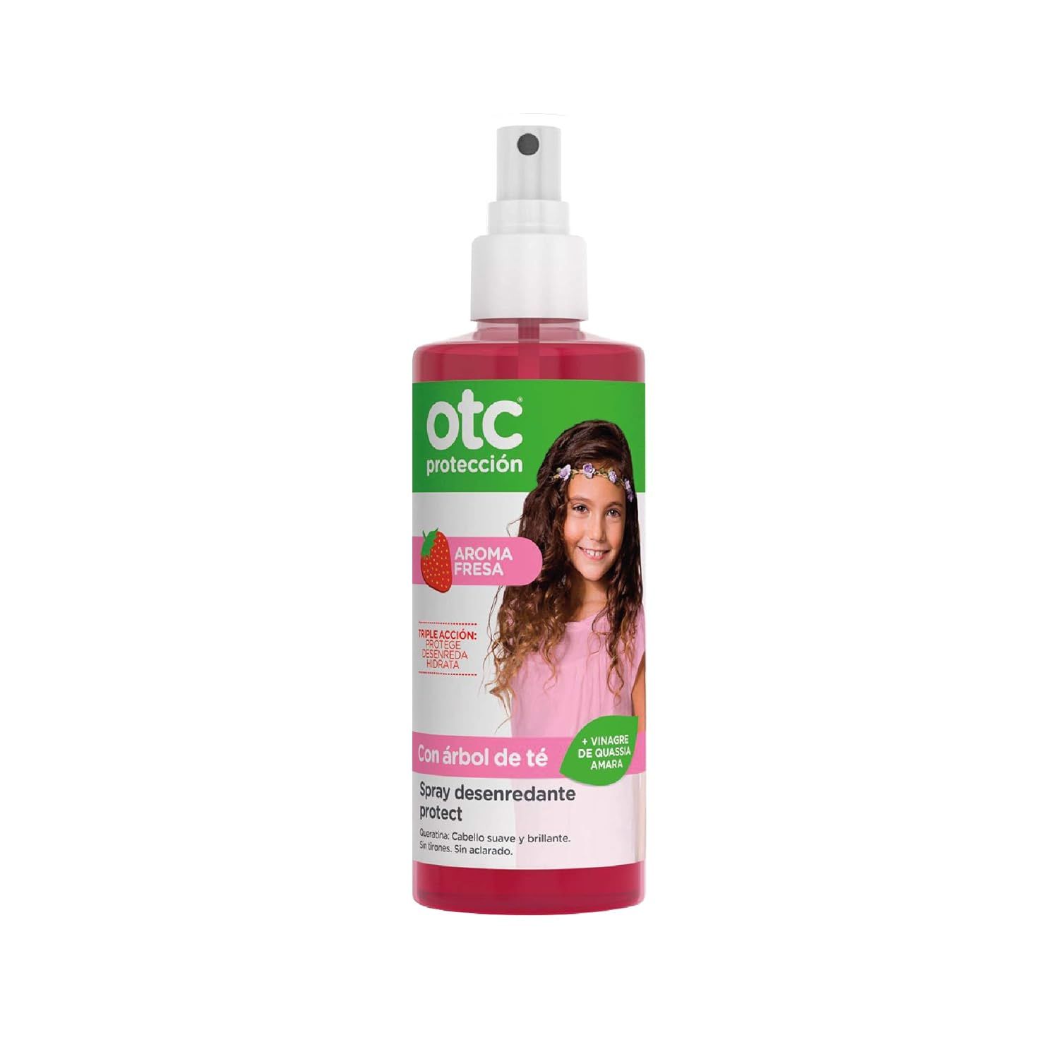 Rosa Flasche mit Sprühkopf. OTC-Produkt mit Erdbeerduft. Text: OTC protección. Con árbol de té. Spray desenredante protect. Für das Haar mit Teebaumöl.