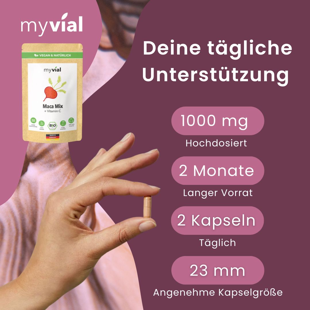 myvial® Bio Maca Mix Kapseln - 120 St mit 3 Maca-Sorten & Acerola - vegan & plastikfrei