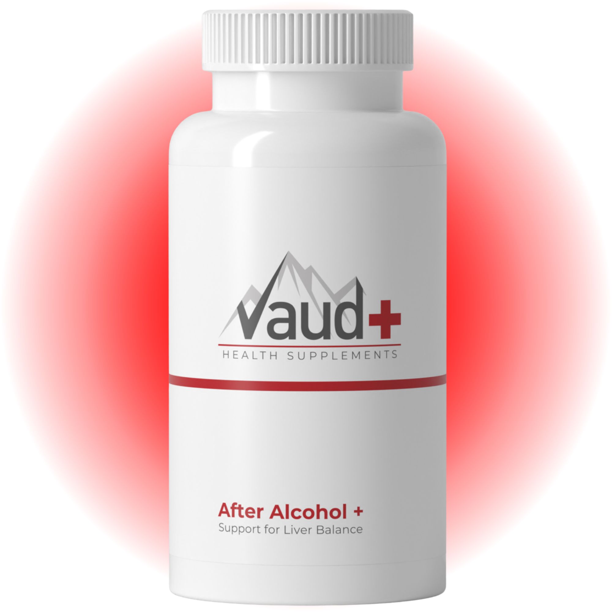 Weiße Flasche mit Schraubverschluss. Aufschrift: Vaud+ Health Supplements, After Alcohol+, Support for Liver Balance.