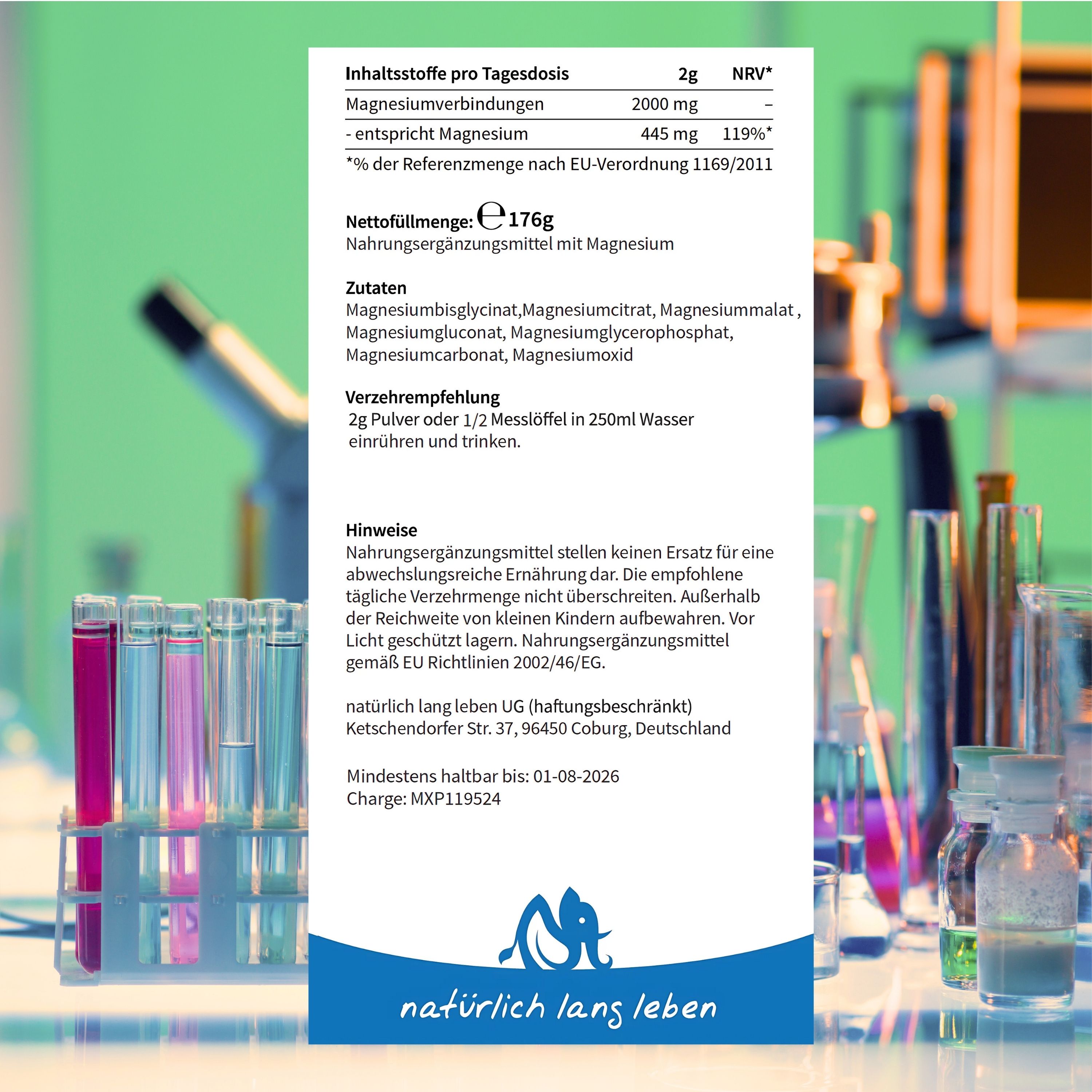 Produktetikett mit Inhaltsstoffen und Verzehrempfehlung. Enthält Magnesium. Text in deutscher Sprache. Logo: blaues Elefantenlogo.