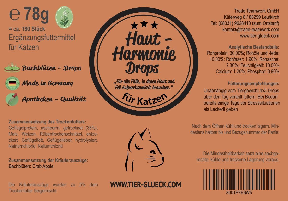 Etikett TierGlück Haut-Harmonie Drops. Enthält Informationen zu Inhaltsstoffen, Dosierung und Hersteller.