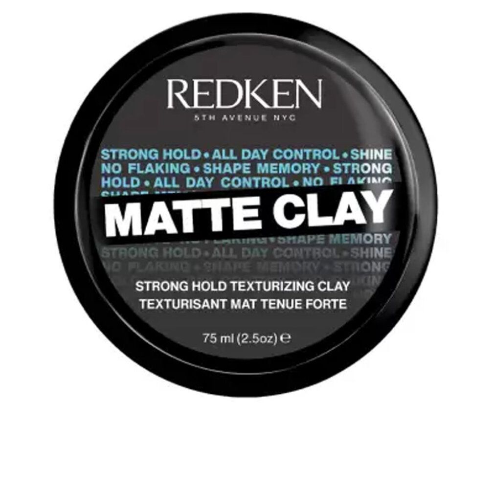 Runde, schwarze Dose. Aufschrift: REDKEN, MATTE CLAY, 75 ml. Text: Strong Hold Texturizing Clay, Texturisant Mat Tenue Forte.