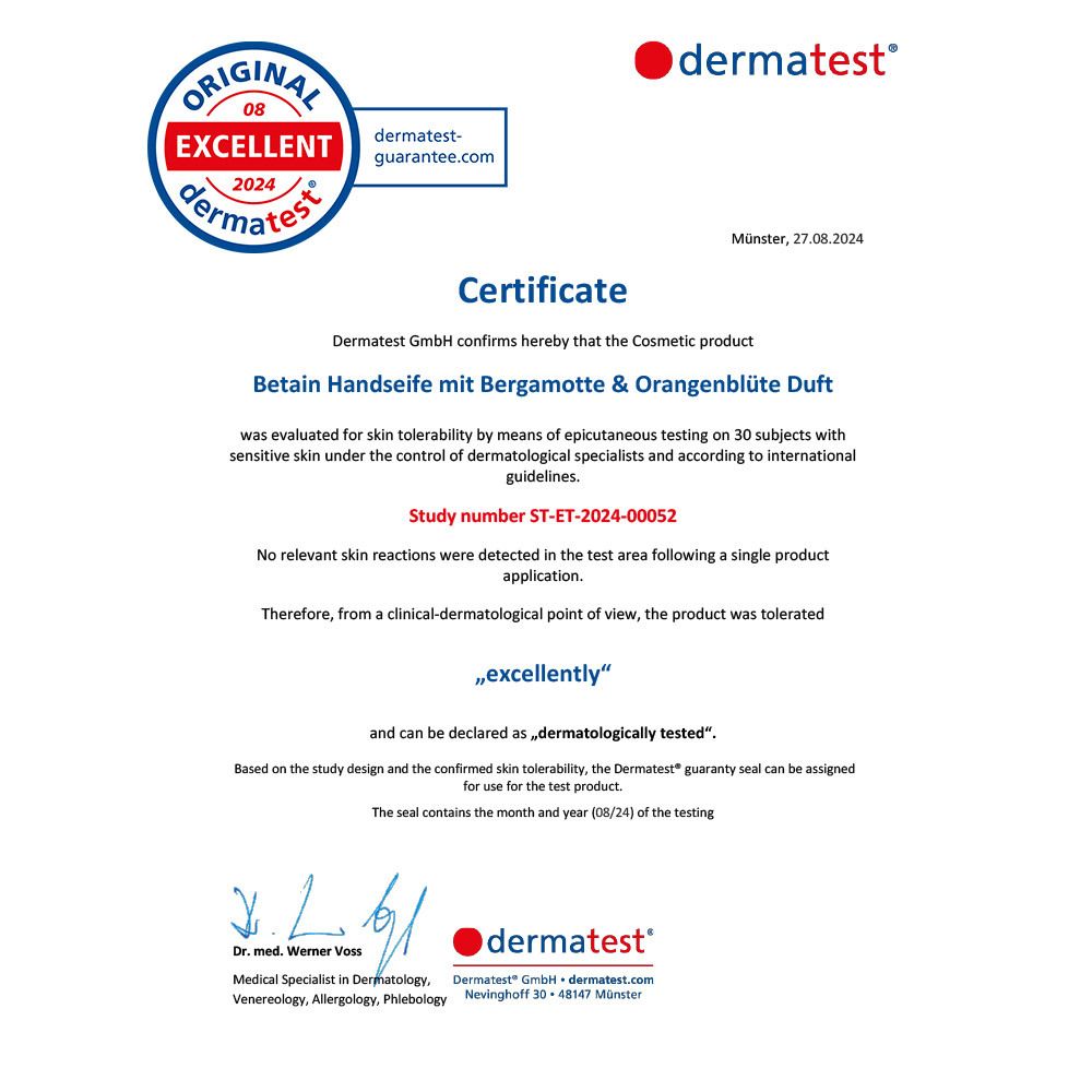Zertifikat von Dermatest. Bestätigt Hautverträglichkeit von Betain Handseife mit Bergamotte & Orangenblüte. Siegel 'exzellent'.