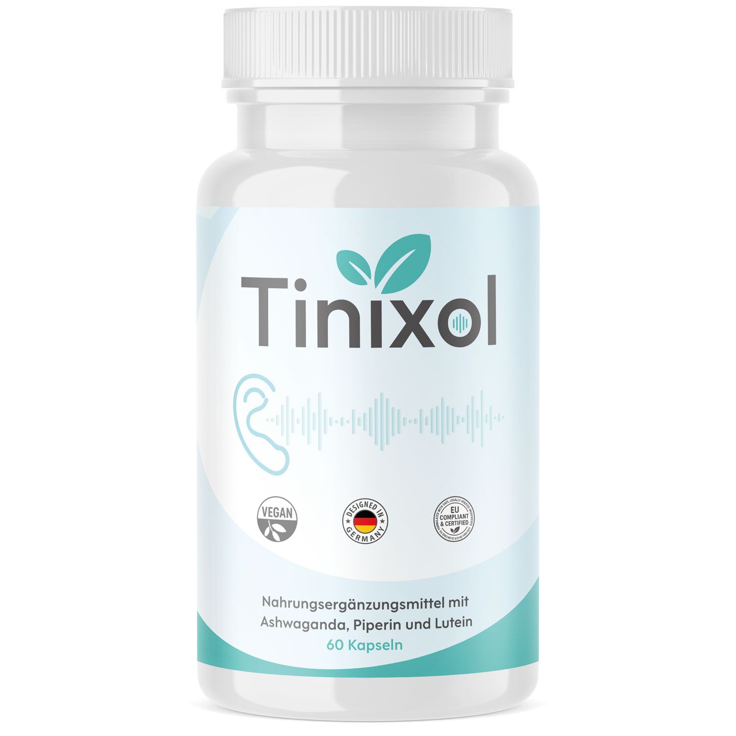 Weiße Flasche mit Kapseln. Aufschrift: Tinixol, Ohr-Symbol, Vegan-Logo, Deutschland-Siegel, EU-Siegel. Text: Nahrungsergänzungsmittel, 60 Kapseln.