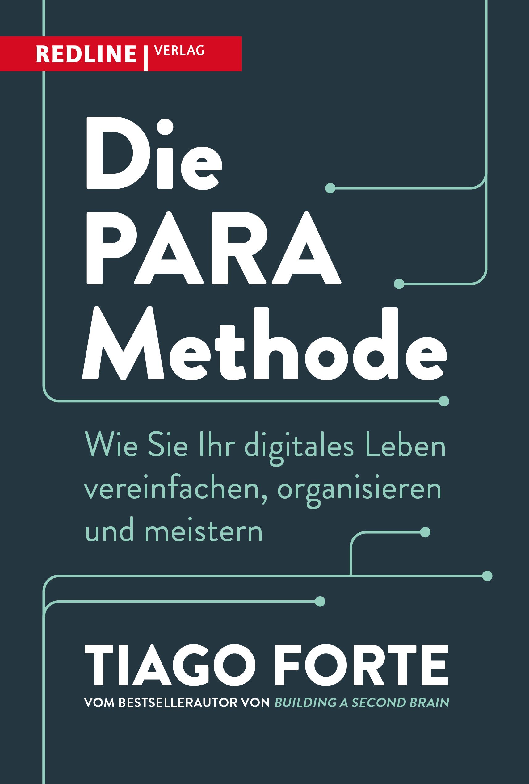 Buchcover: "Die PARA Methode". Titel in Weiß auf dunkelblauem Hintergrund. Autor: Tiago Forte. Verlag: Redline Verlag.