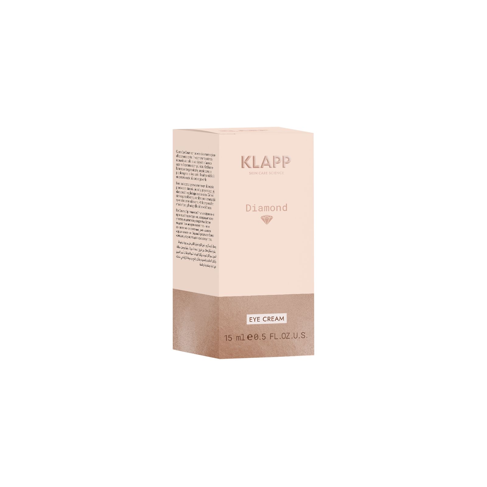 Klapp Diamond Eye Cream Verpackung. Rechteckige, zweifarbige Box mit Produktinformationen und Logo. Aufschrift: Diamond Eye Cream.
