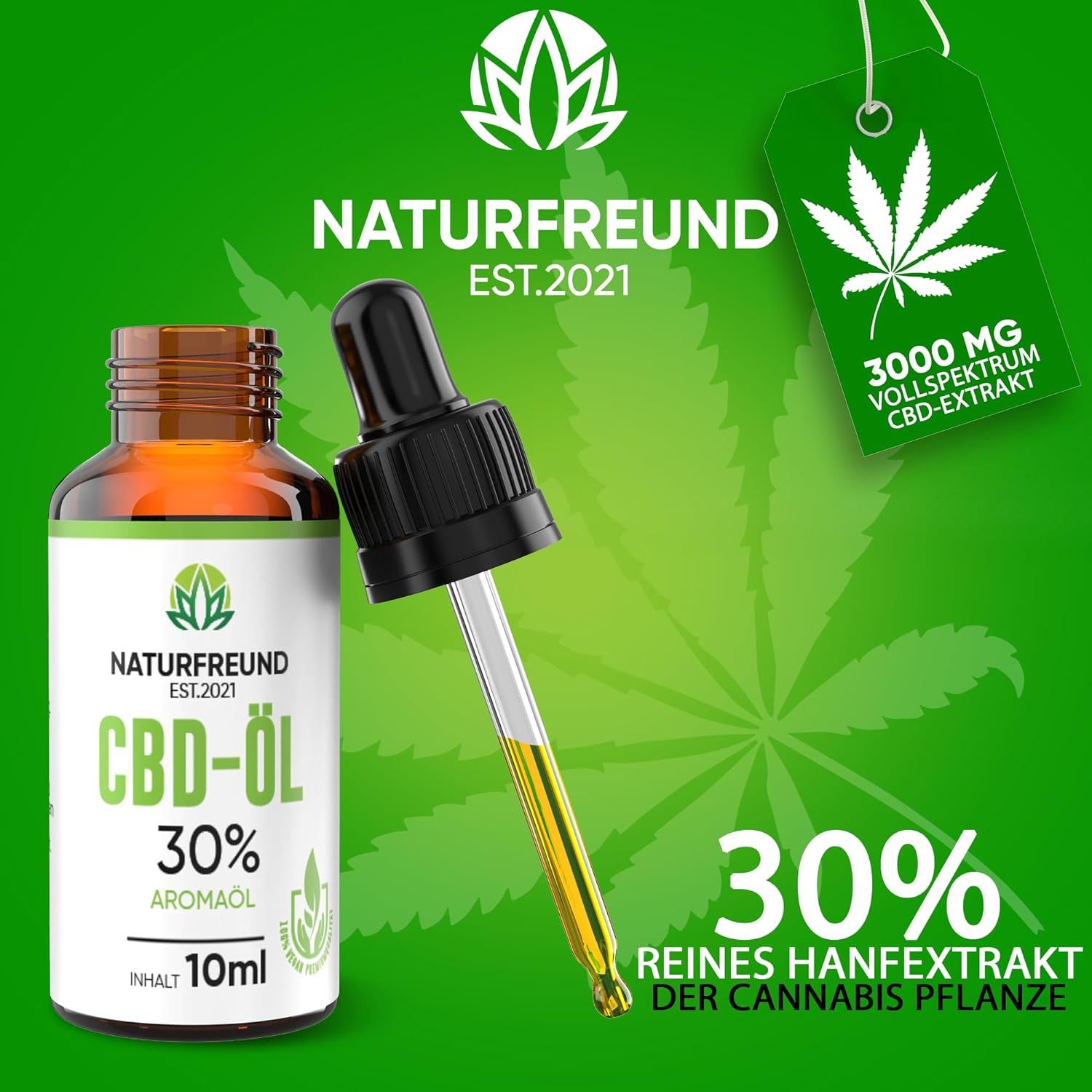 Braune Glasflasche mit schwarzer Pipette. Etikett mit Logo und Text: CBD-Öl 30%. Grüne Anhänger mit Text. Pipette mit Öl.