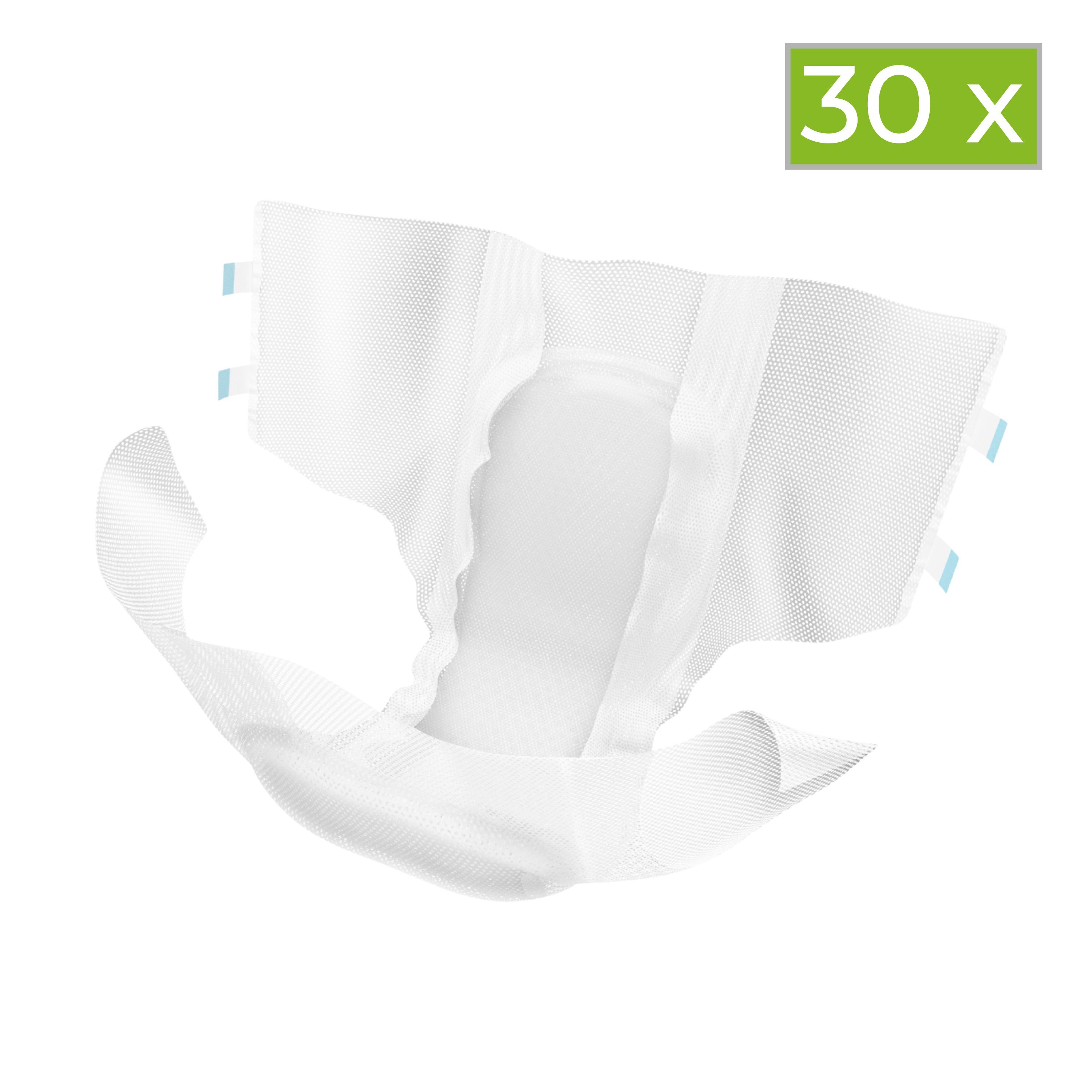 Weiße Inkontinenz-Slips mit blauen Klebestreifen. Auf der Oberseite befindet sich ein grünes Feld mit der Aufschrift "30 x".