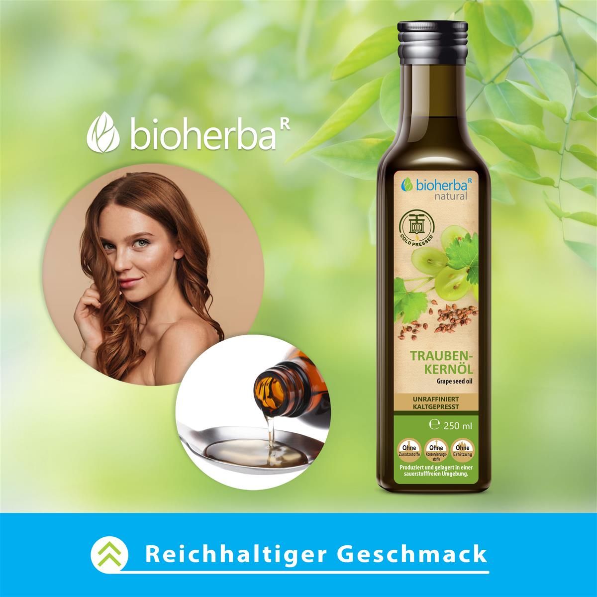 Bioherba Traubenkernöl in brauner Glasflasche. Grün-weißes Etikett. Text: Traubenkernöl, unraffiniert, kaltgepresst, 250 ml. Frau mit langen Haaren.