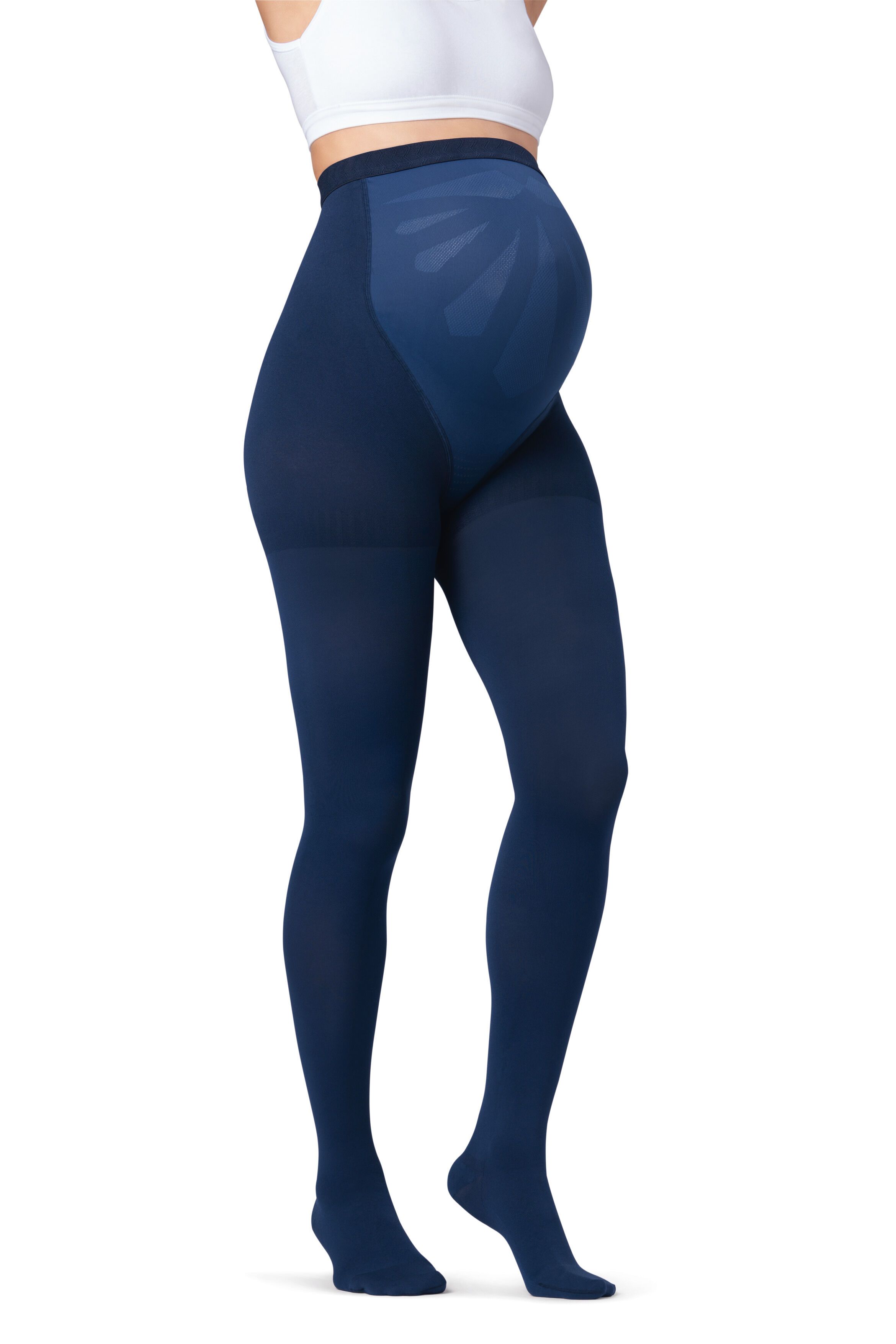 Marineblaue Kompressionsstrumpfhose für Schwangere. Bauchbereich mit Muster. Blick von der Seite.