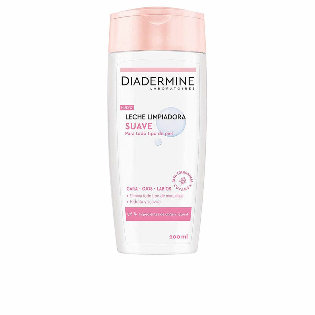 Diadermine Reinigungsmilch. Weiße Flasche mit rosa Deckel. Text: 'LECHE LIMPIADORA SUAVE'. Für alle Hauttypen. 200 ml.