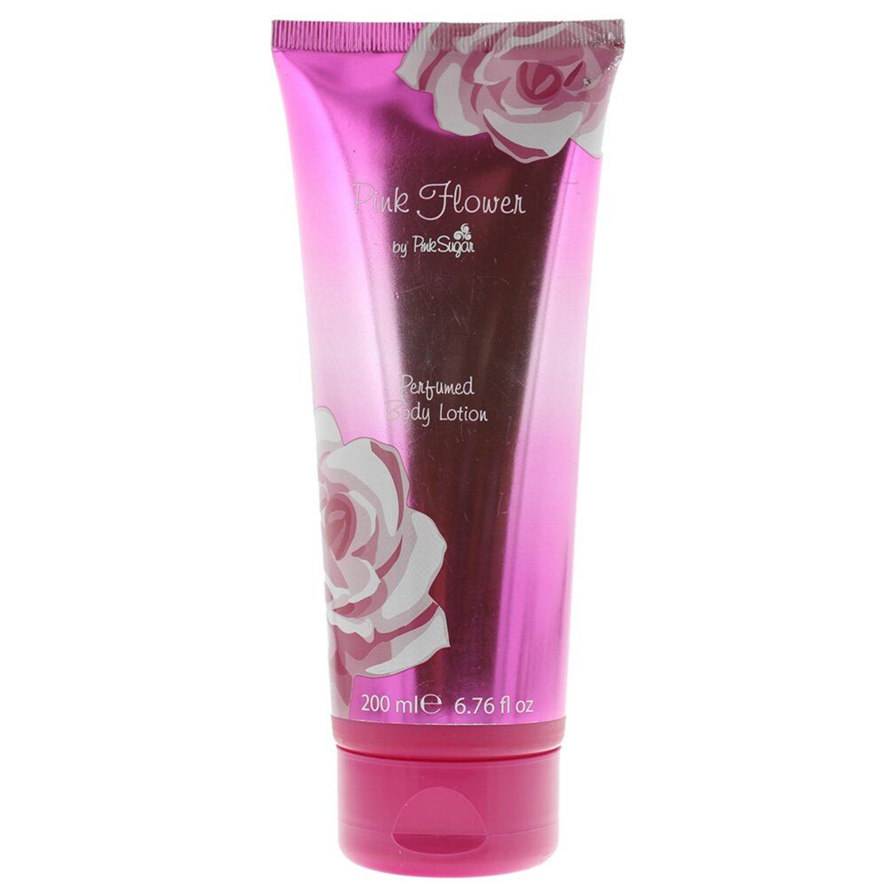Rosa Tube mit floralem Design. Text: Pink Flower, Perfumed Body Lotion. Unten: 200 ml, 6.76 fl oz.