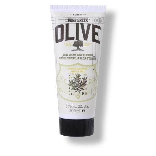 Tube mit Schriftzug 'OLIVE'. Schwarzer Deckel. Text: 'BODY CREAM OLIVE BLOSSOM'.