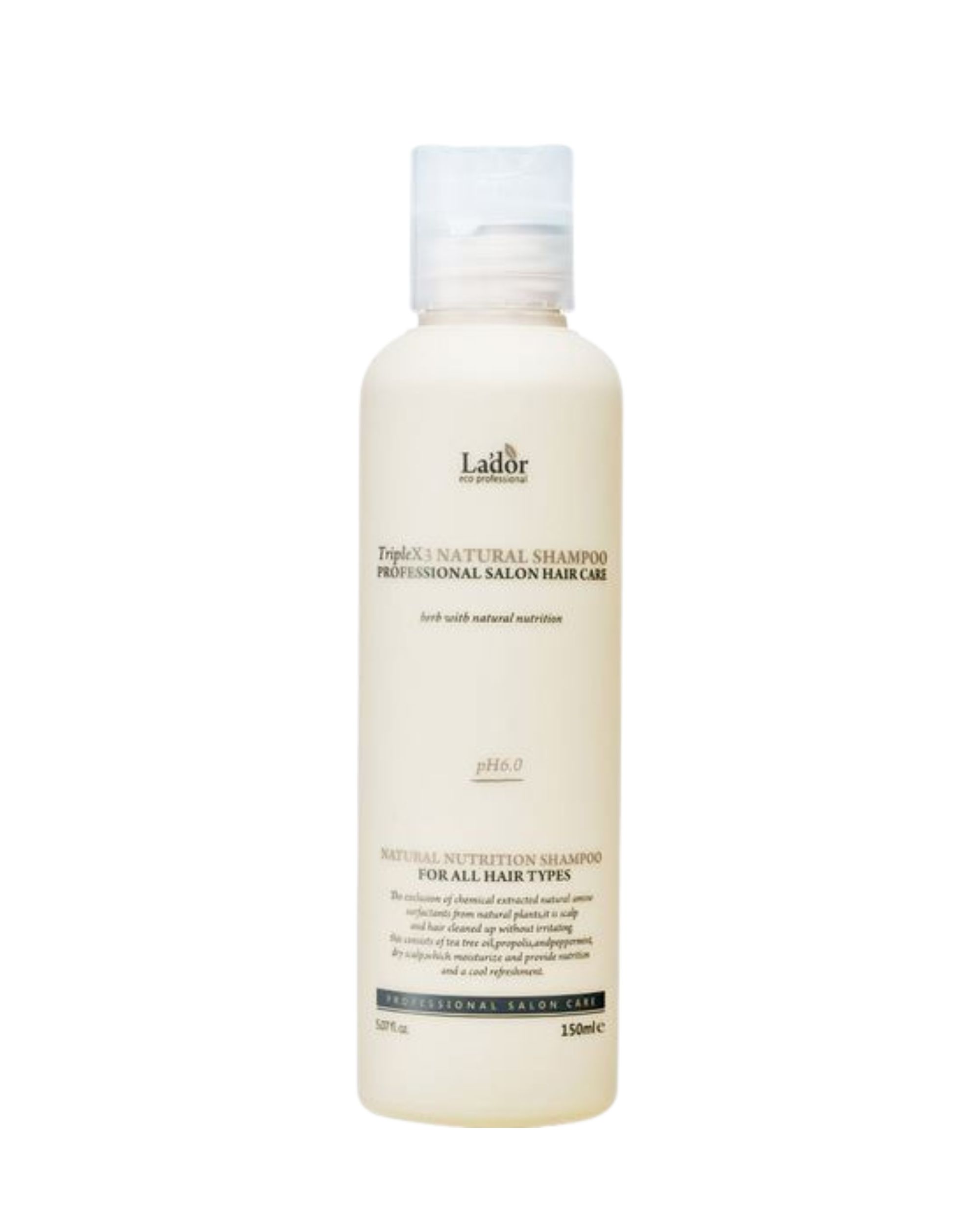 Beige Shampoo-Flasche mit weißem Deckel. Aufschrift: Lador TripleX3 Natural Shampoo, Natural Nutrition Shampoo für alle Haartypen. 150ml.