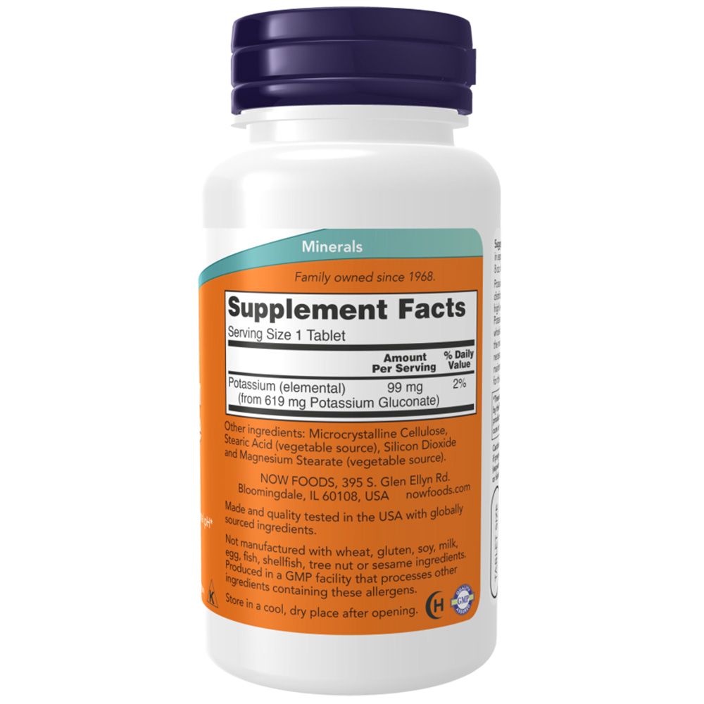 Weiße Flasche mit blauem Deckel. Etikett mit Produktinformationen: Now Foods, Kaliumgluconat, 99mg. Nährwertangaben, Inhaltsstoffe.