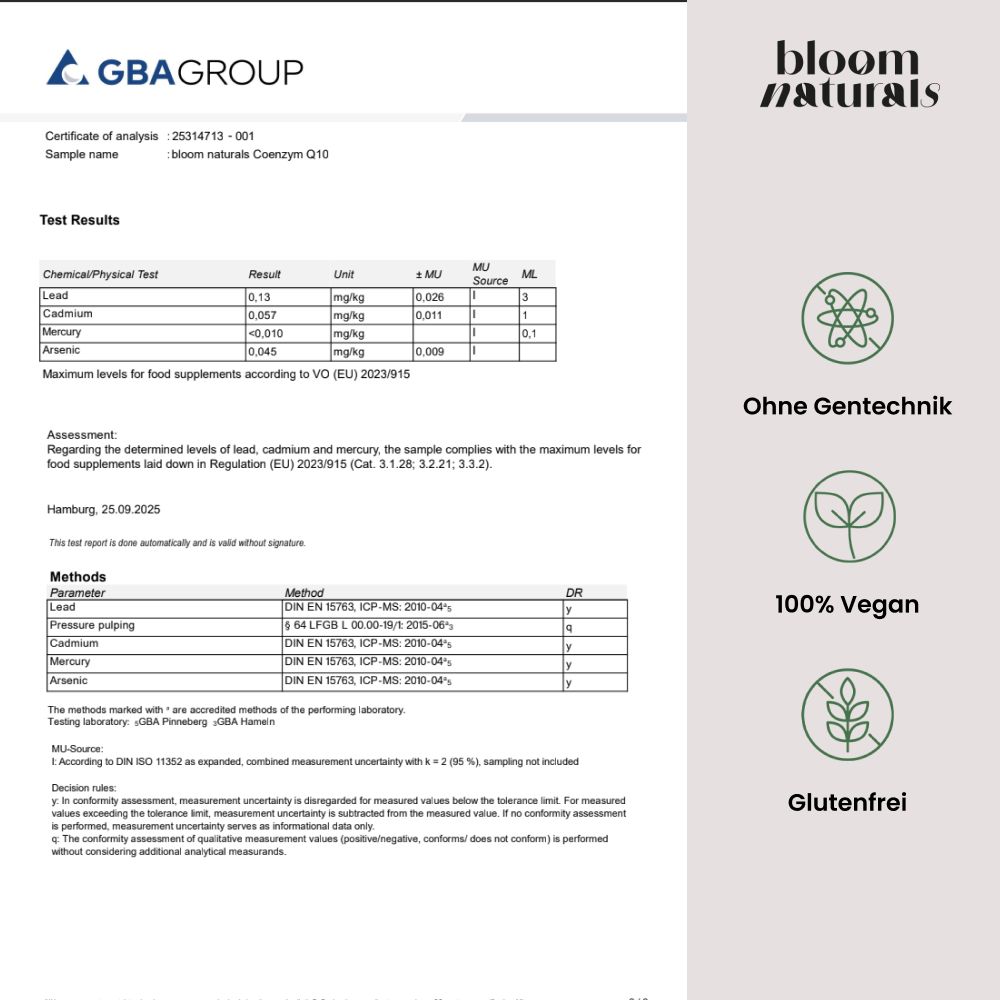 Laborbericht von GBA GROUP für Bloom Naturals Coenzym Q10. "Ohne Gentechnik", "100% Vegan", "Glutenfrei".