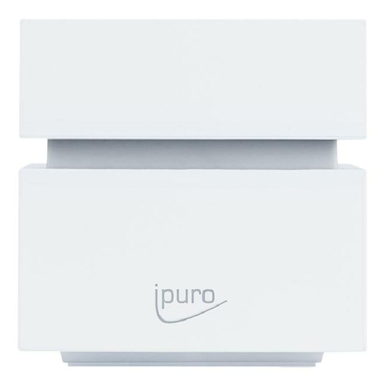 Weißer, quaderförmiger Diffusor. Das Logo "ipuro" ist unten mittig platziert. Das Gerät besteht aus zwei übereinanderliegenden Blöcken.