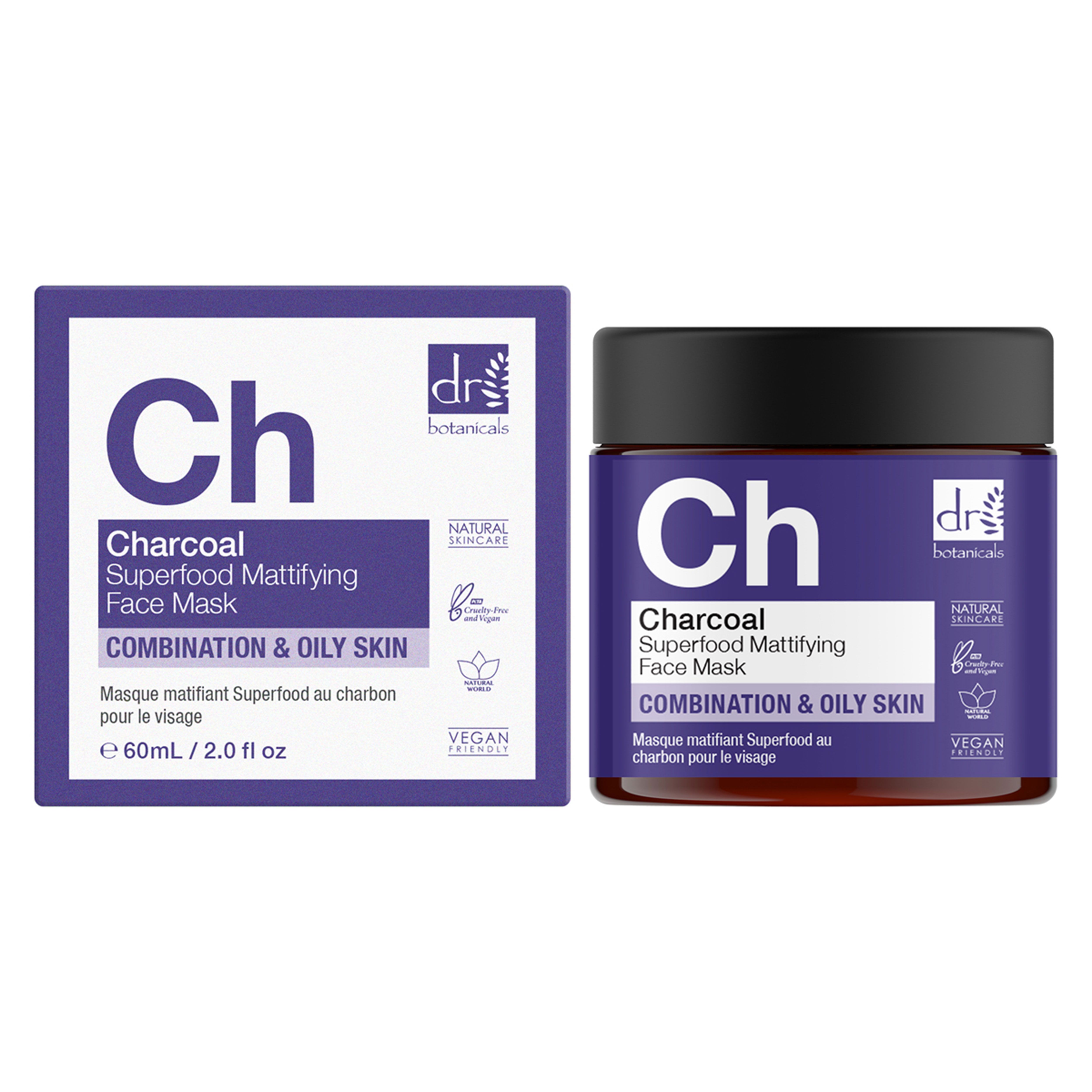 Violette Verpackung und Tiegel mit Aufschrift 'Ch' und 'Charcoal Superfood Mattifying Face Mask'. Vegan-Siegel.