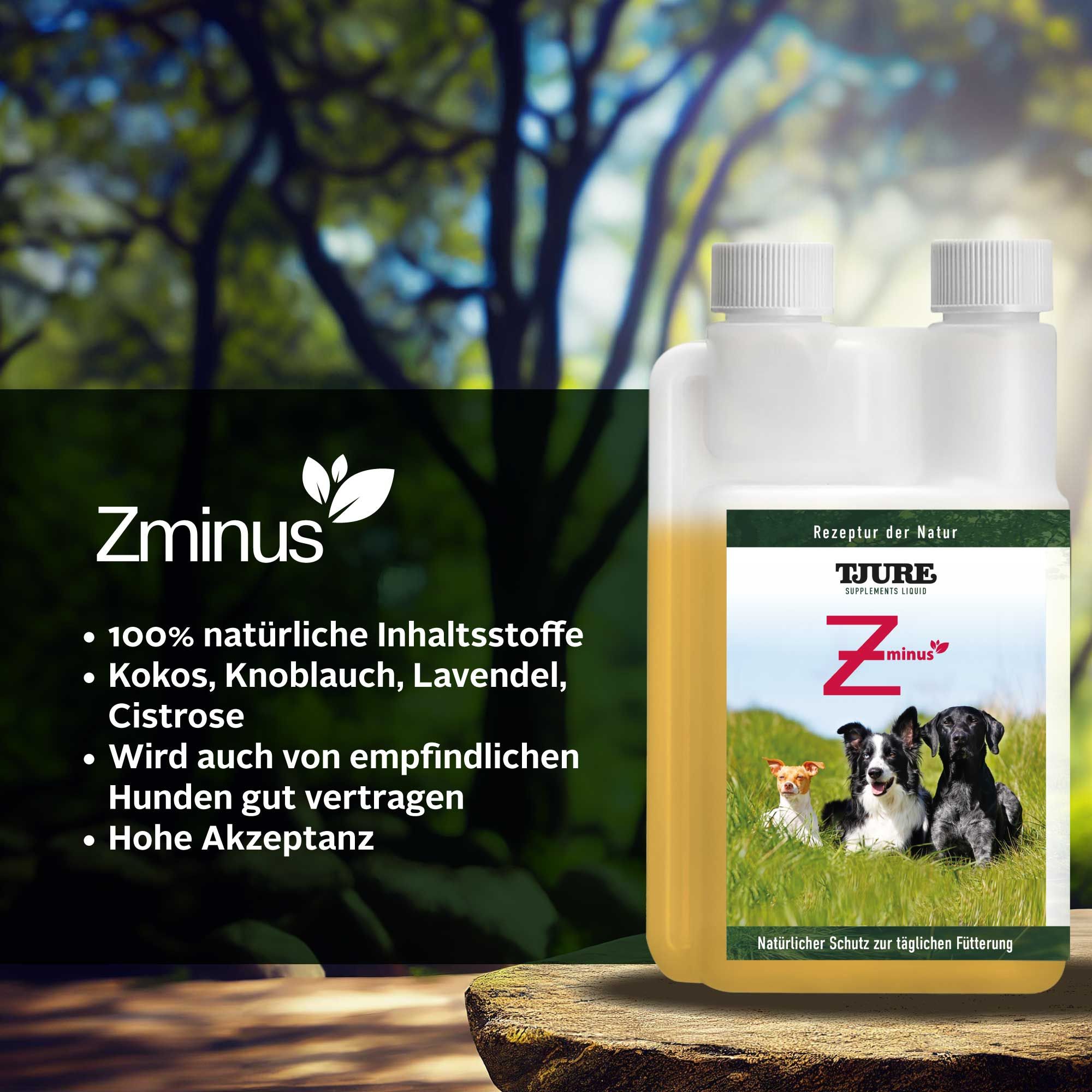 Doppelflasche mit gelber Flüssigkeit. Aufkleber mit Produktnamen Zminus, Logo, drei Hunden und Text. 100% natürliche Inhaltsstoffe, Kokos, Knoblauch, Cistrose.