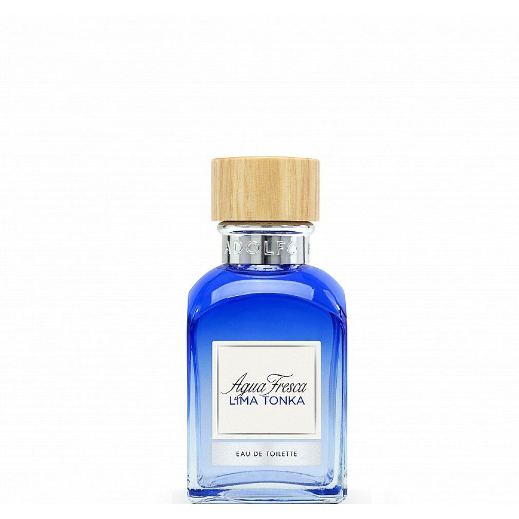 Blaues Parfümflakon mit Holzdeckel. Aufschrift: Agua Fresca Lima Tonka Eau de Toilette.