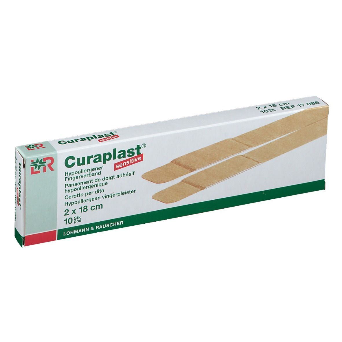 Verpackung mit Curaplast® sensitiv Fingerverband. 2 x 18 cm, 10 Stück. Hypoallergen.