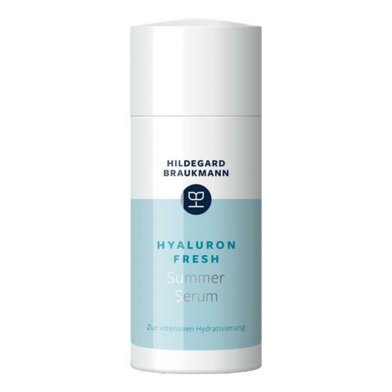 Eine Flasche Hyaluron Fresh Summer Serum. Weiß-blaue Verpackung mit Produktnamen und Logo.