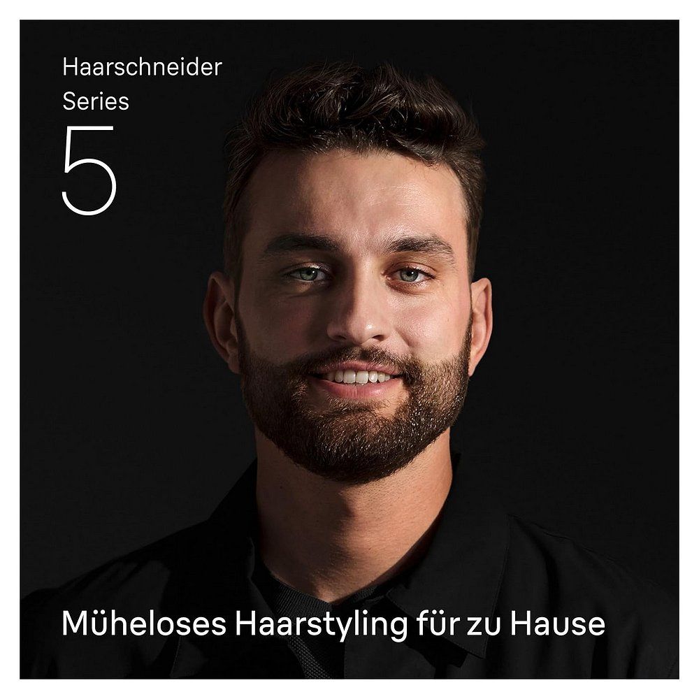 Mann mit Bart und Haarschneider Series 5, Text: Müheloses Haarstyling für zu Hause.