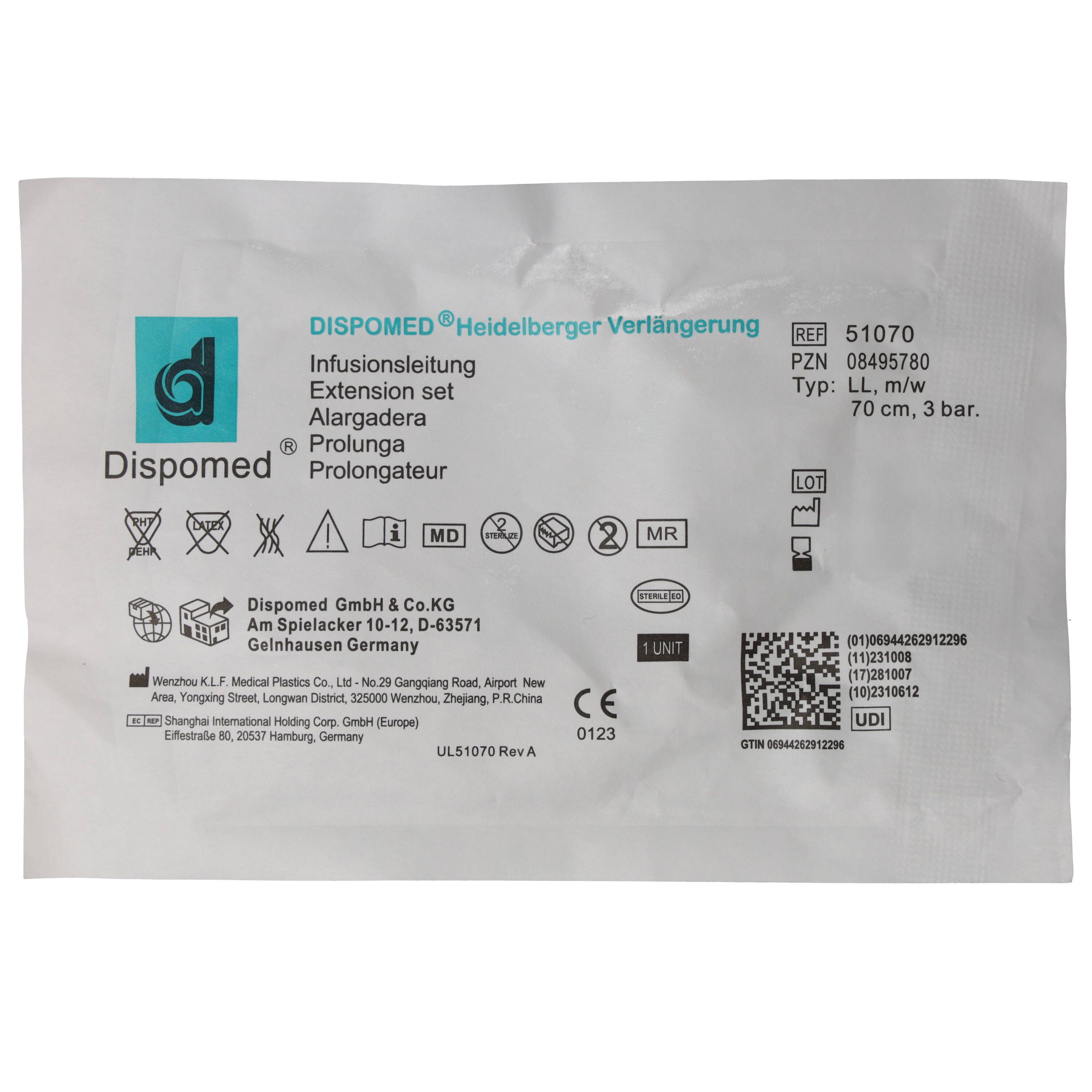 Verpackung mit Produktinformationen. Aufschrift: Dispomed Heidelberger Verlängerung, 70 cm, 3 bar. Medizinprodukt.