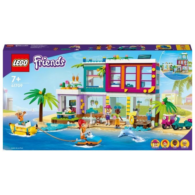 LEGO Friends Casa delle Vacanze sulla Spiaggia. Confezione raffigurante una casa sulla spiaggia con personaggi, attrezzature acquatiche e un delfino. Età consigliata 7+.
