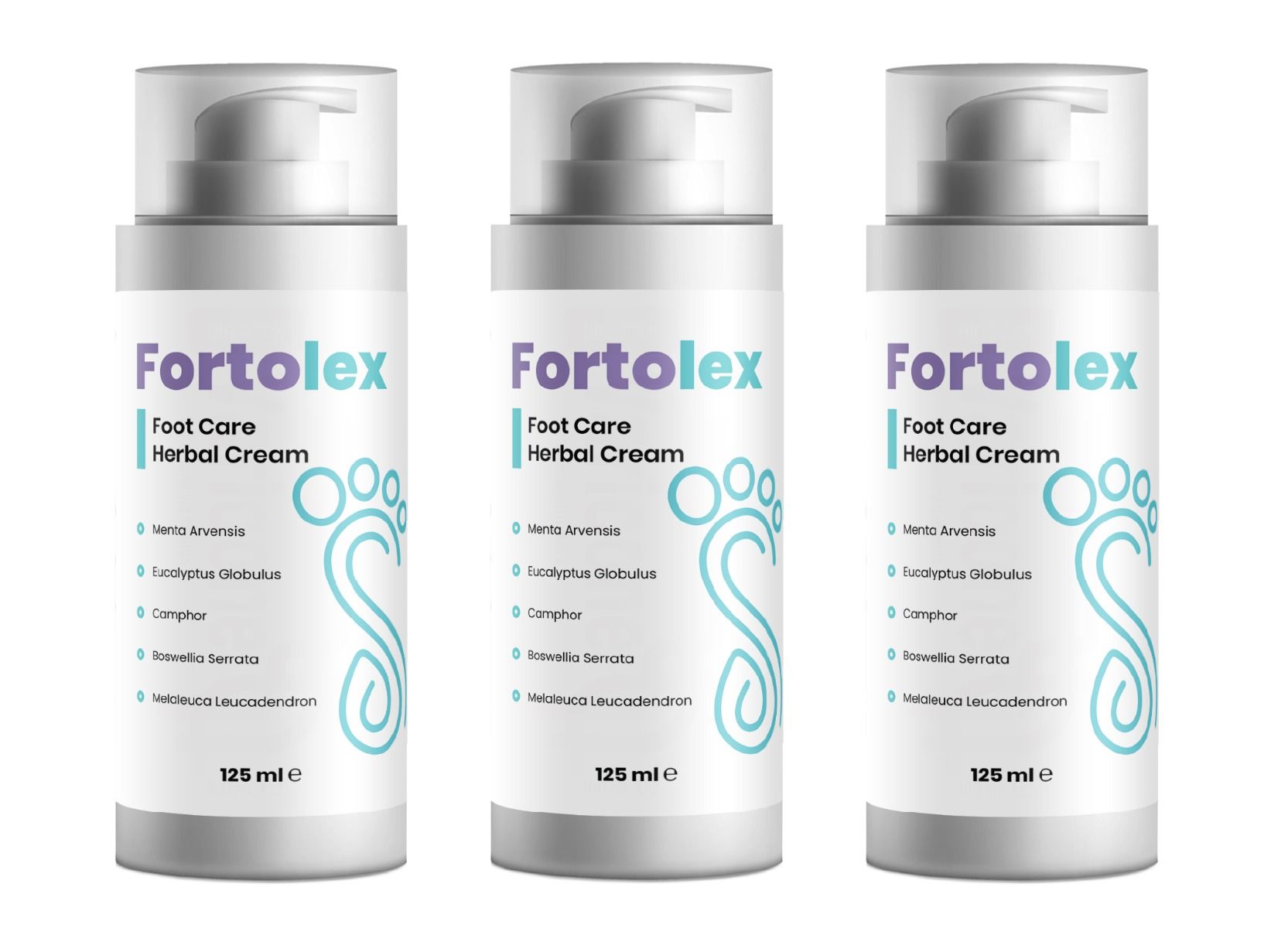 Drei weiße Flaschen mit Pumpverschluss. Aufschrift: Fortolex Foot Care Herbal Cream. Fußabdruck-Logo. 125 ml.