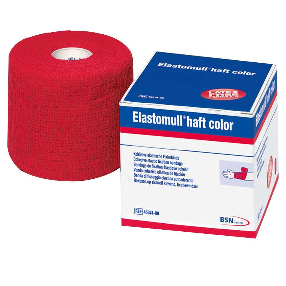 Rote, gerollte Fixierbinde neben einer Verpackung. Auf der Verpackung steht "Elastomull haft color".