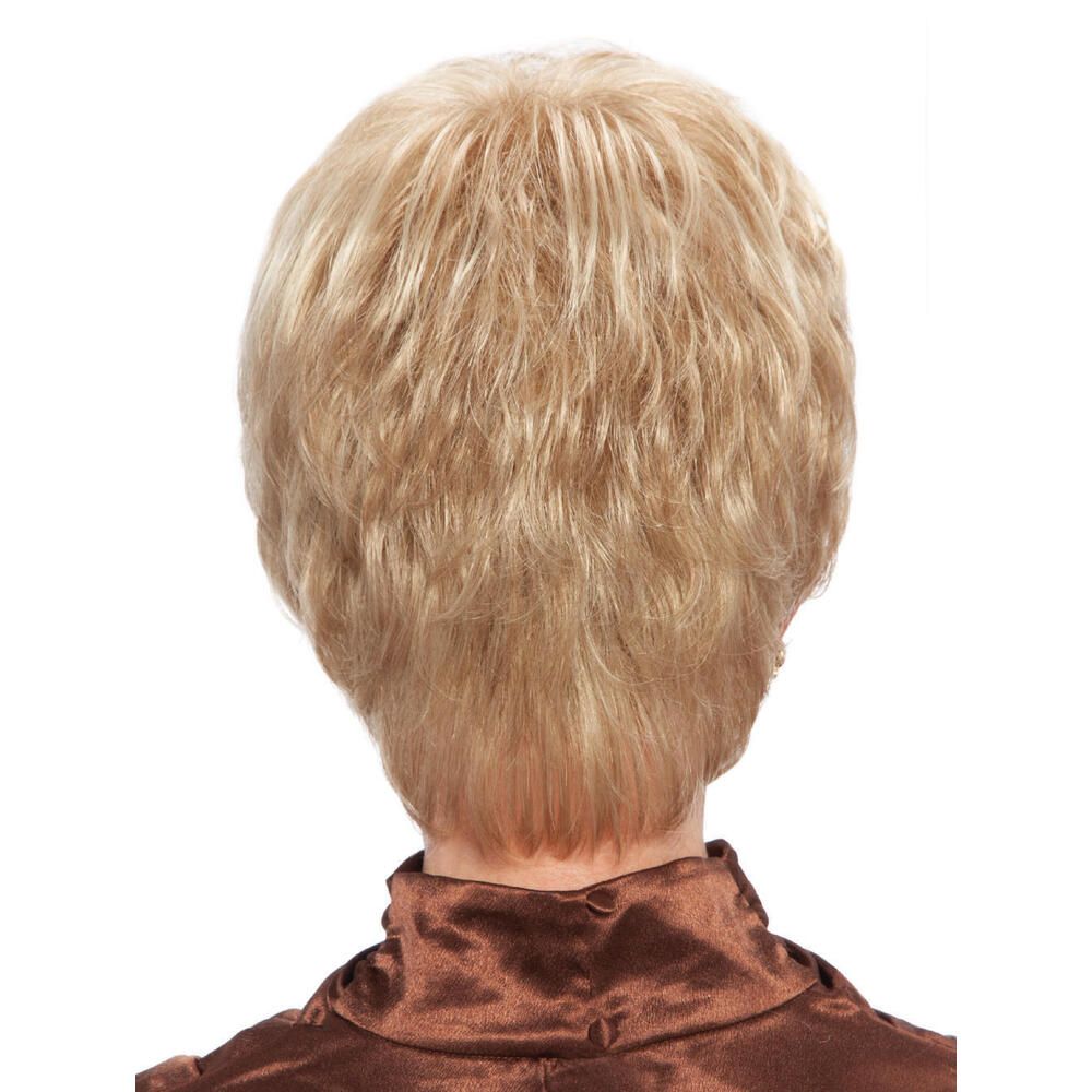 Blond gefärbte Perücke. Kurzer, gestufter Schnitt. Rückansicht.