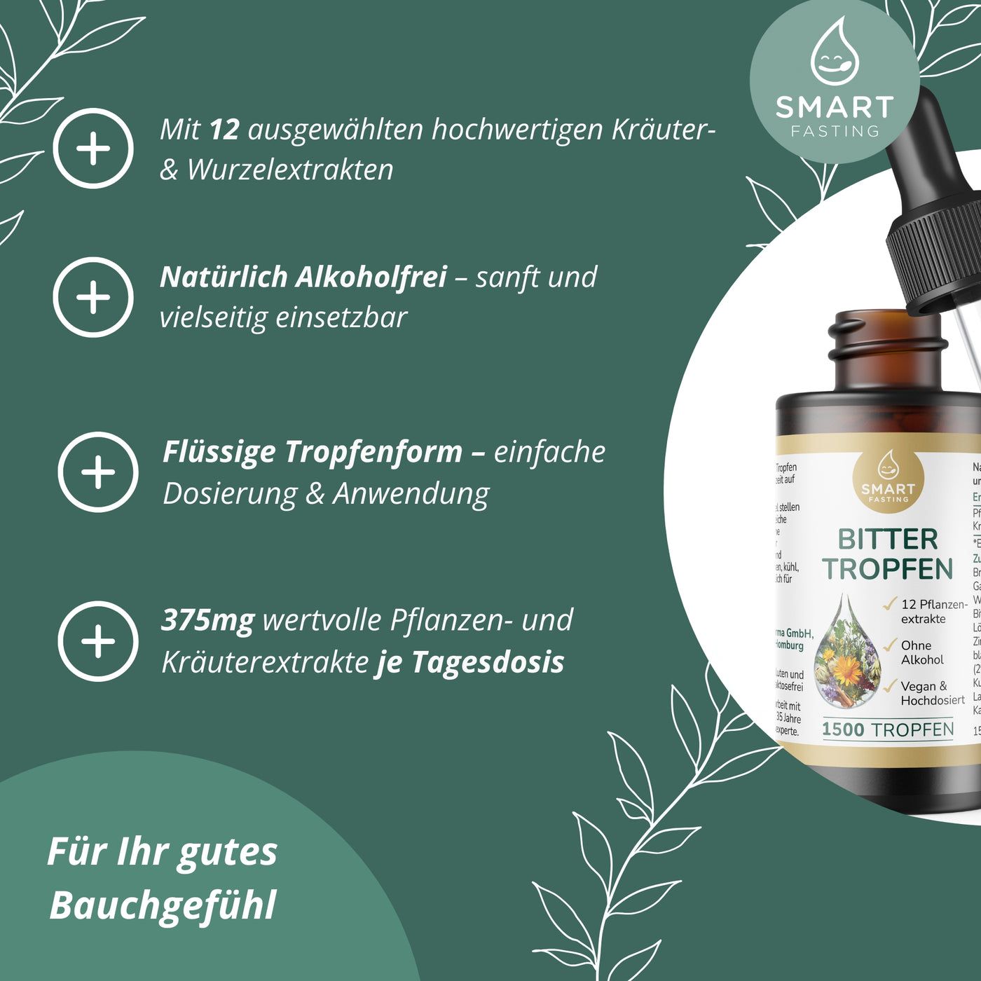 Braune Flasche mit Tropfer. Text: Bitter Tropfen, 12 Pflanzenextrakte, ohne Alkohol, vegan, hochdosiert. Text auf grünem Hintergrund.