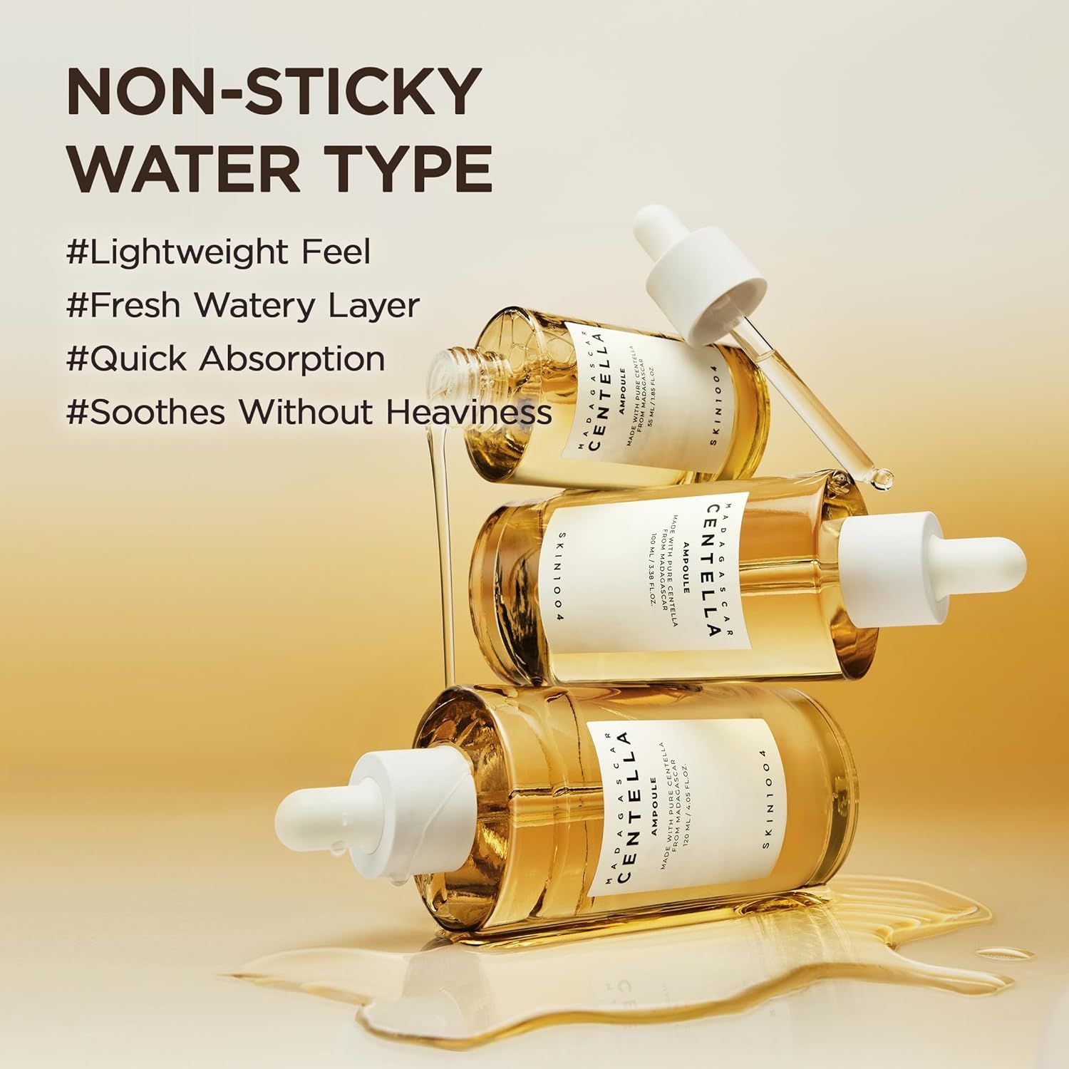 Mehrere Flaschen SKIN1004 Madagascar Centella Ampoule. Text: Non-Sticky Water Type.